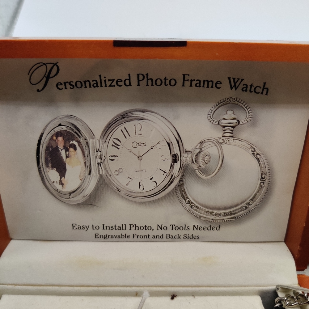 Colibri Engravable Pocket Watch with picture frame - Silvertone
